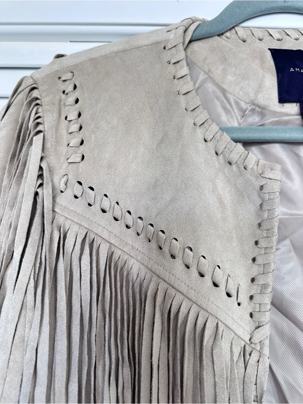 Amaryllis Faux Suede Fringe Jacket Boho Western Open Front Taupe M - Picture 6 of 13